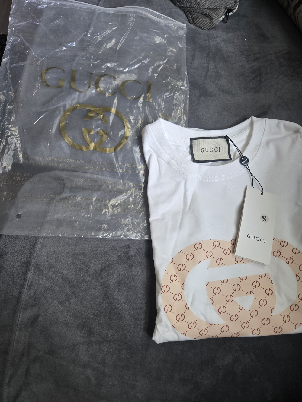 Gucci White Logo Graphic Tee with Beige Monogram